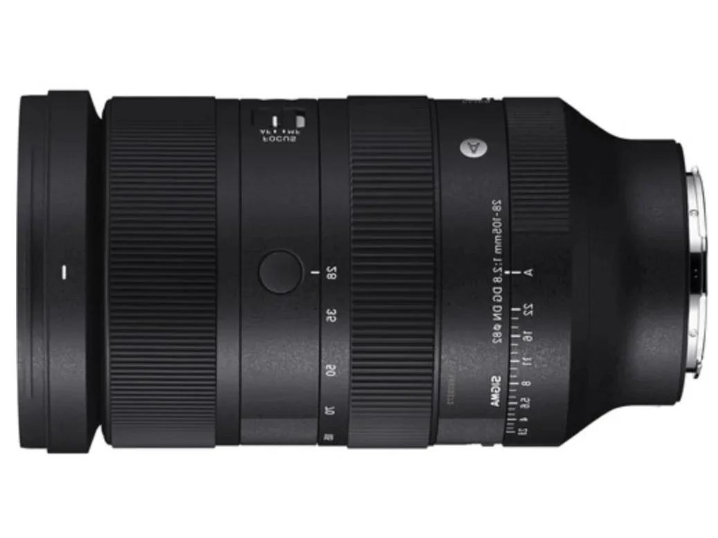 A black telephoto camera lens with various focus and zoom markings.