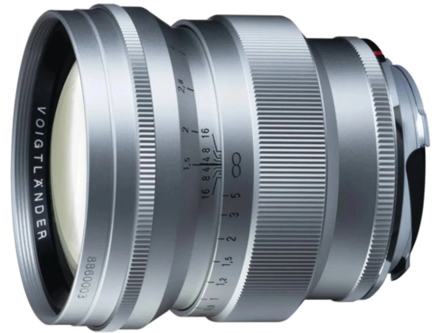 Close-up of a silver camera lens with focus and zoom rings, marked with aperture and distance scale, branded 'Voigtlander'.