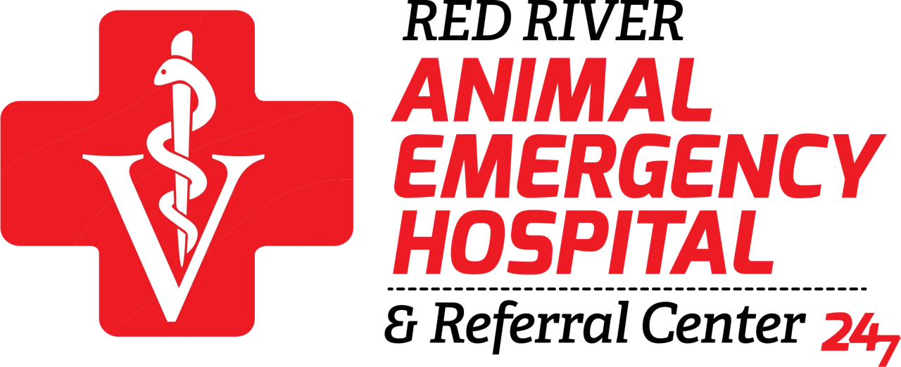Red cross symbol with a white veterinary caduceus and the text 'Animal Emergency & Hospital' in red.