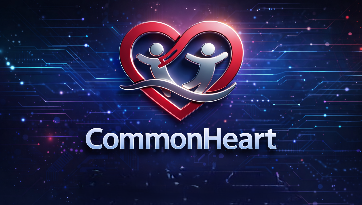 A digital illustration of a heart with two figures inside holding hands, surrounded by a futuristic, tech-inspired background. The text 'CommonHeart' is displayed below.