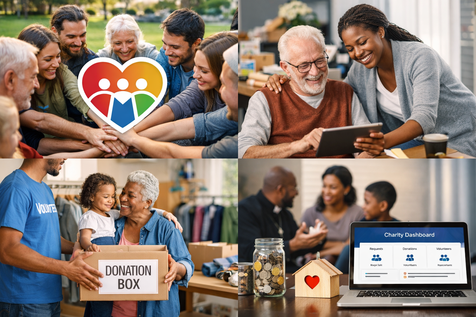 Collage of four images depicting community service and volunteer activities: top left shows a diverse group of people putting their hands together with a rainbow-colored heart logo in the center; top right features an elderly man and a young woman looking at a tablet screen and smiling; bottom left displays a volunteer handing a donation box to an elderly woman in a thrift store; bottom right presents a donation jar, a miniature house with a heart, and a laptop showing a charity dashboard.