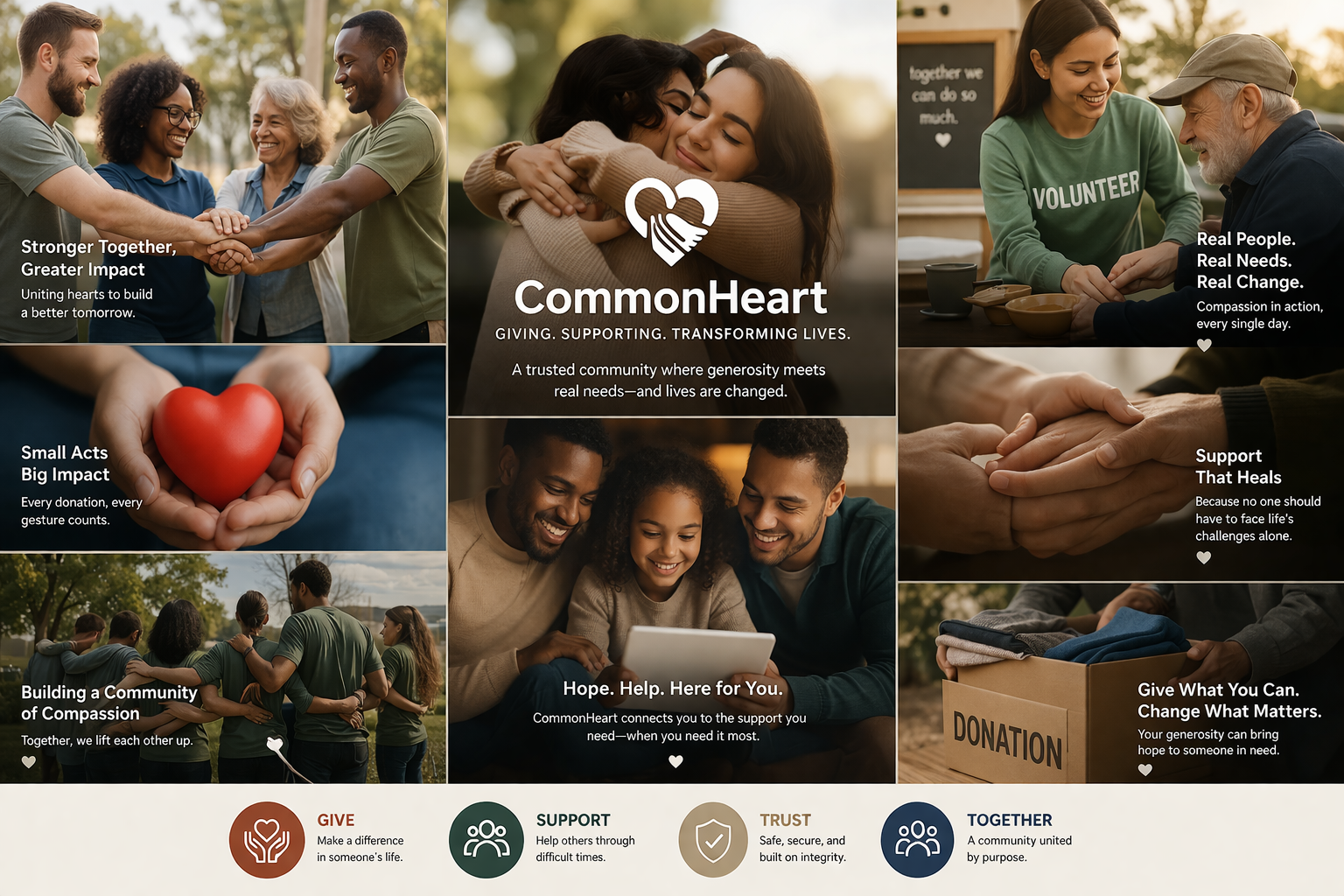 Collage of people participating in community service activities and embracing. Central text promotes CommonHeart, highlighting acts of giving, supporting, and transforming lives through generosity, compassion, and community building.