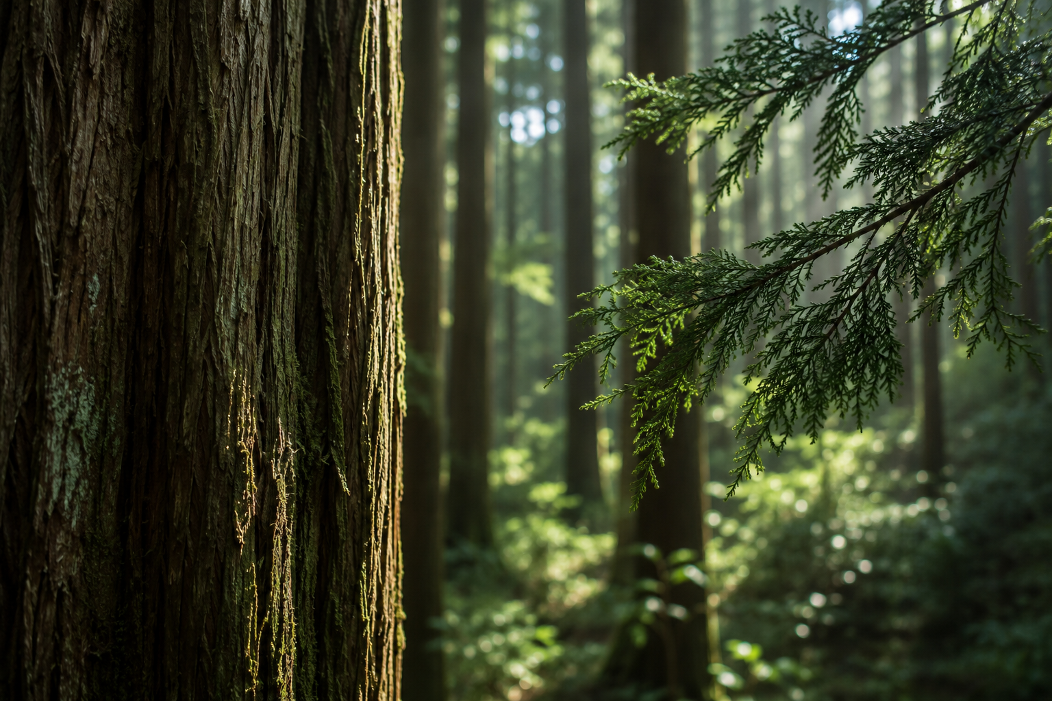 Sunlit green moss-covered trees in a dense forest.