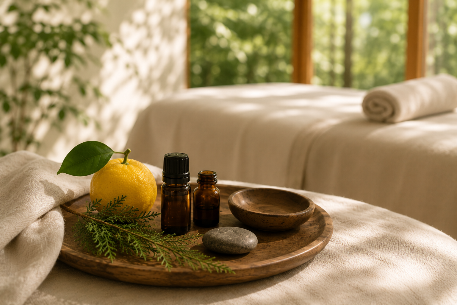 A wooden tray on a massage table holding aromatherapy supplies including a lemon with a leaf, two small amber bottles, a round stone, a wooden bowl, and some greenery, in a bright room with large windows and green trees outside.