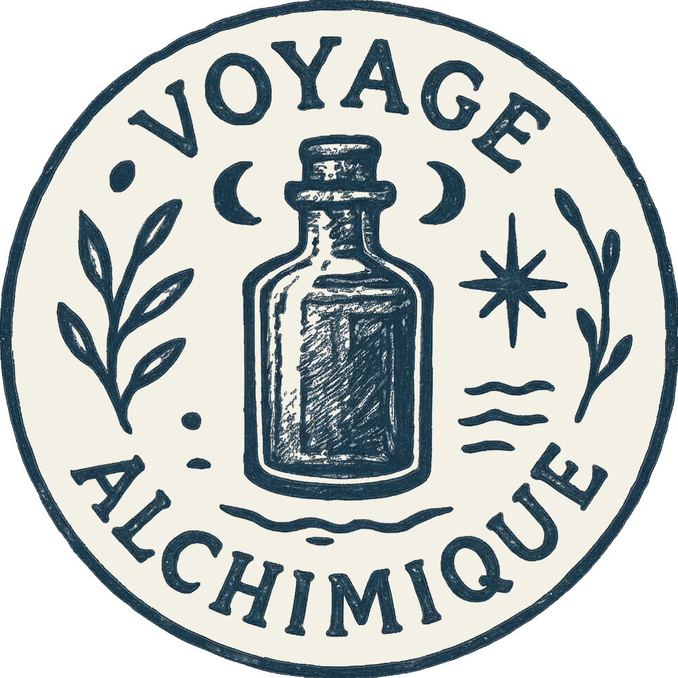 A circular logo with the words 'VOYAGE ALCHIMIQUE,' a bottle illustration in the center, crescent moons, stars, and botanical elements surrounding the bottle, all in a hand-drawn style.
