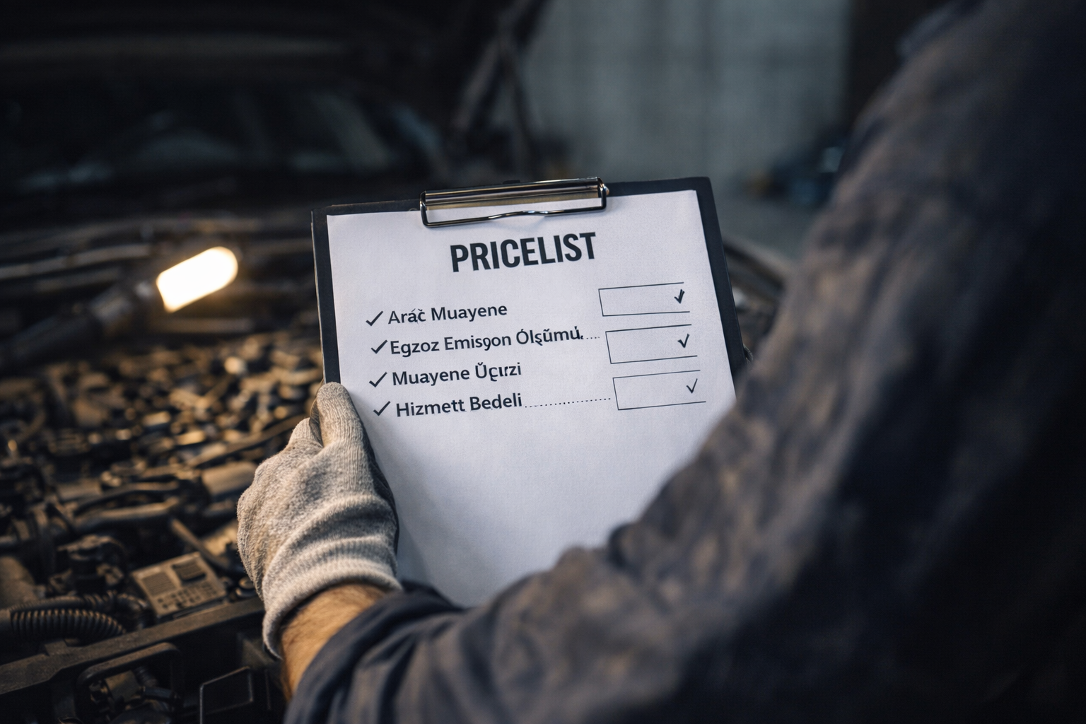 Person holding a clipboard with a price list in a garage with a car engine visible in the background.