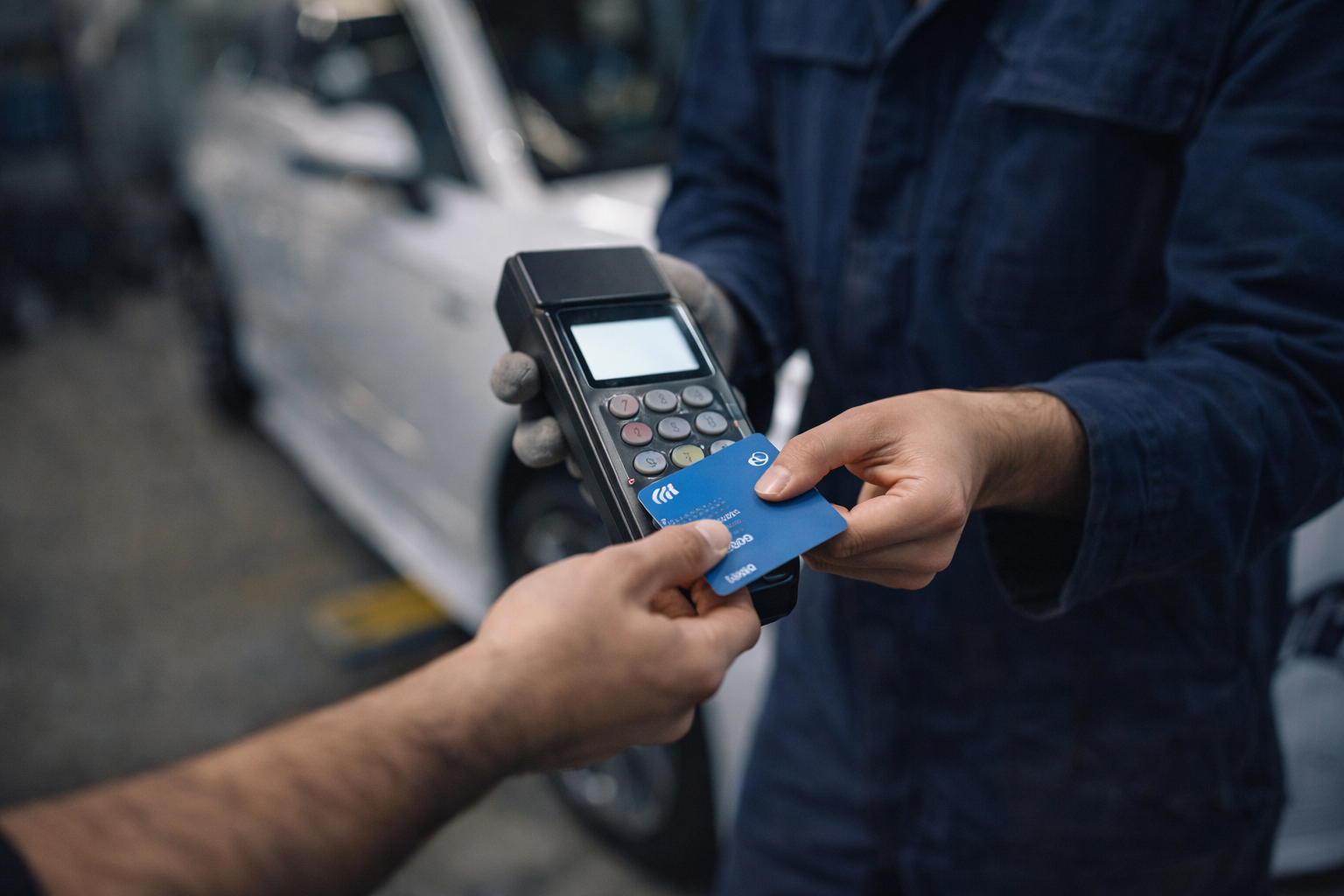 A person swiping a credit card against a payment terminal held by another person in front of a silver car.