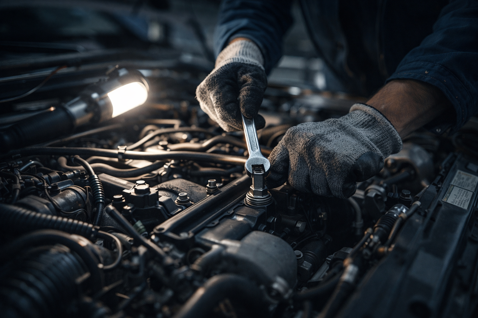 A person wearing gray work gloves using a wrench to work on a car engine, with a bright work light overhead illuminating the engine components.