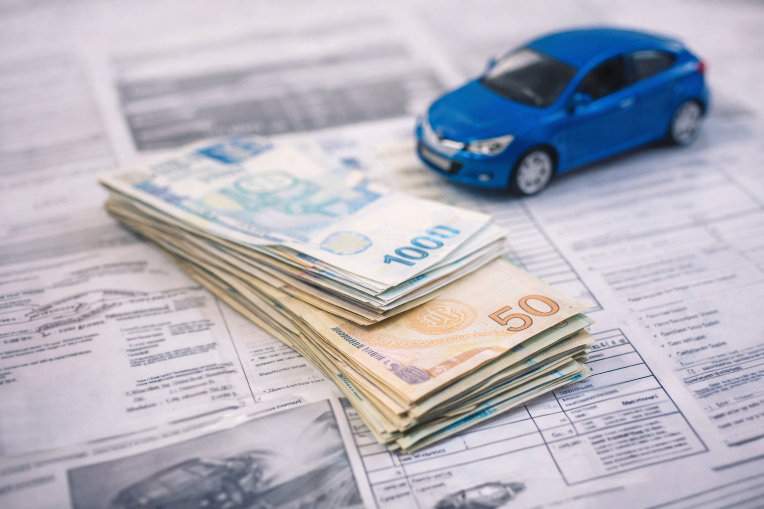 A stack of Euro bills, a small blue toy car, and some paperwork with printed text and images.