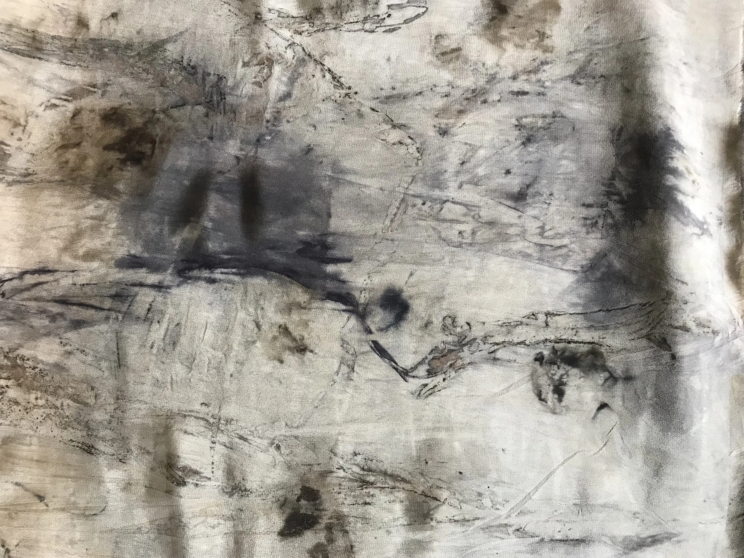 Abstract watercolor painting with black and gray strokes on a beige textured background.
