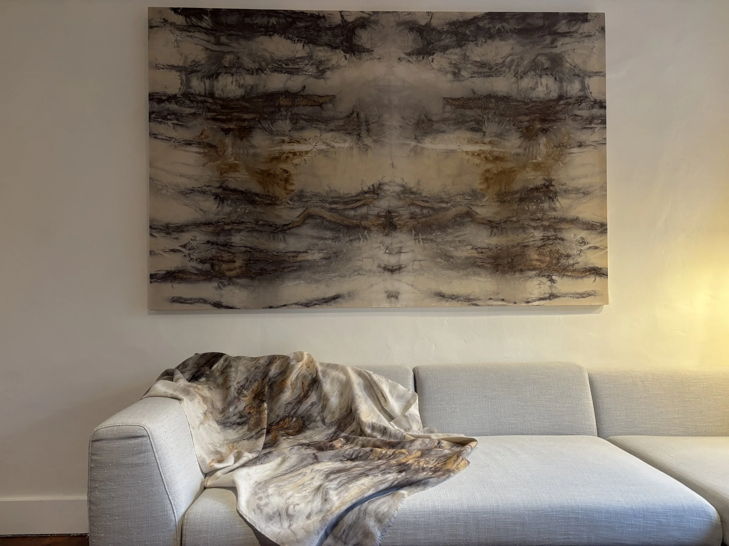 Eco dyed 100% silk crepe de chine stretched on pine frame