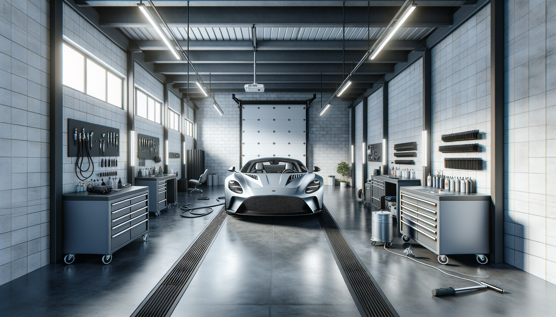 A sleek silver sports car inside a modern, well-lit garage with tools and equipment on workbenches and walls, with a large garage door in the background.