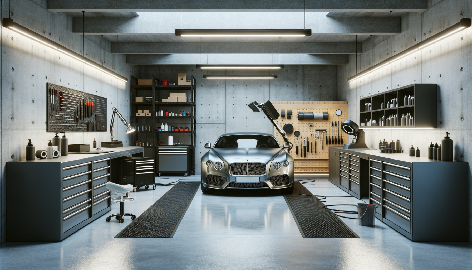 A modern, organized garage workshop with a silver luxury car centered, surrounded by various tools, shelves, and workbenches.