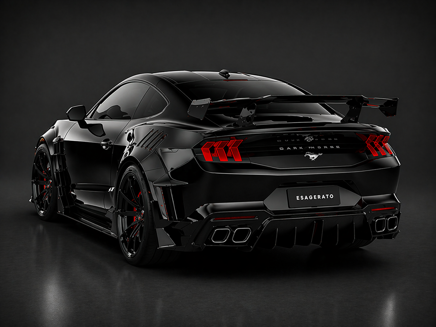 Black Ford Mustang Esagerato with custom body kit, large rear wing, quad exhausts, and red taillights, set against a dark background.