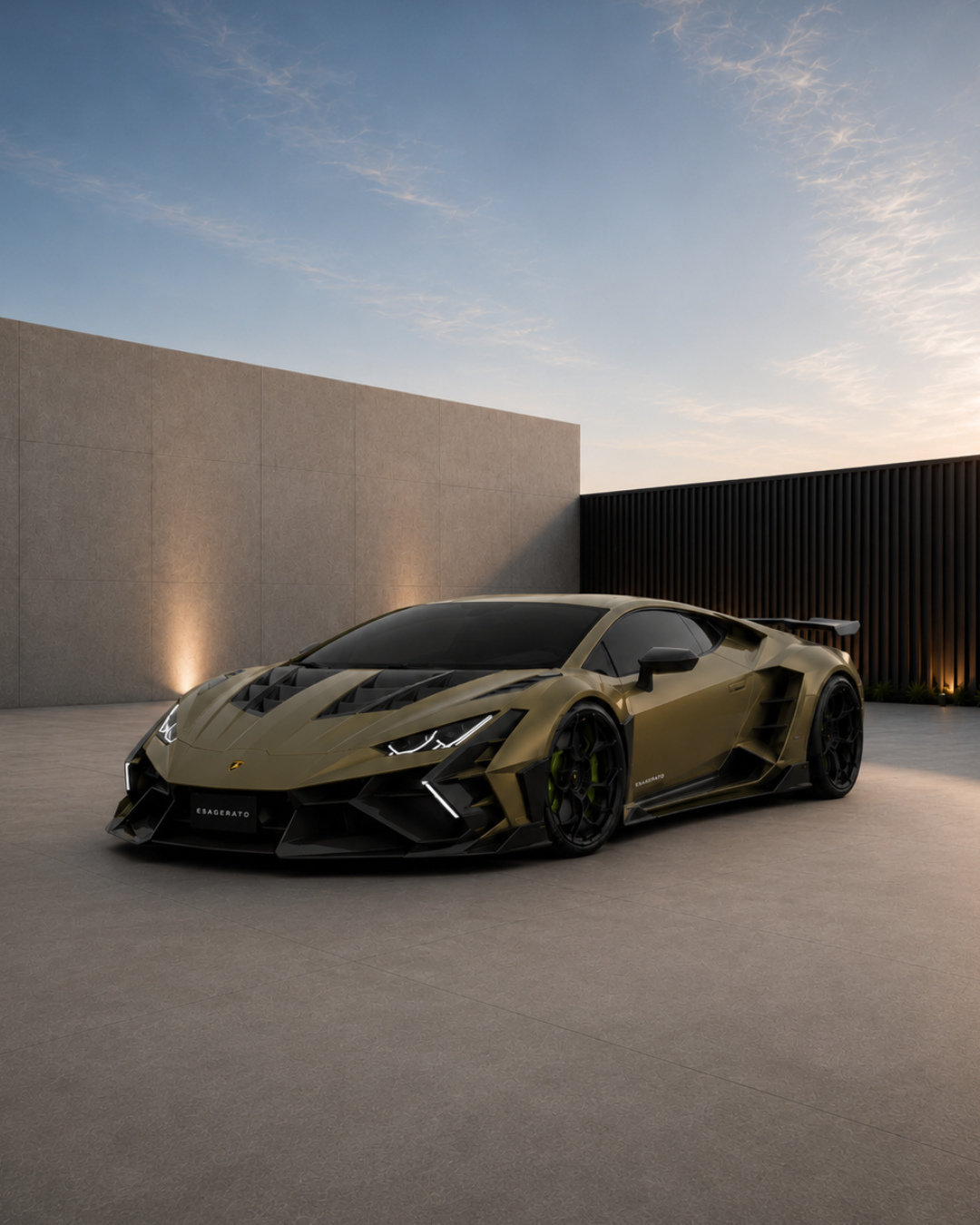 A matte olive green Esagerato Lamborghini sports car parked on a concrete surface against a modern, minimalist wall with ambient lighting during sunset.