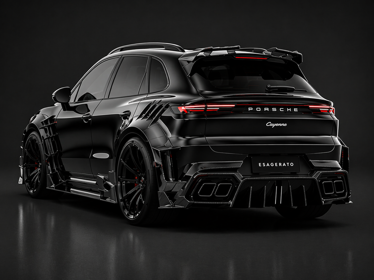 Black luxury Porsche Cayenne SUV with custom body kit and wheels, displayed on a dark background.