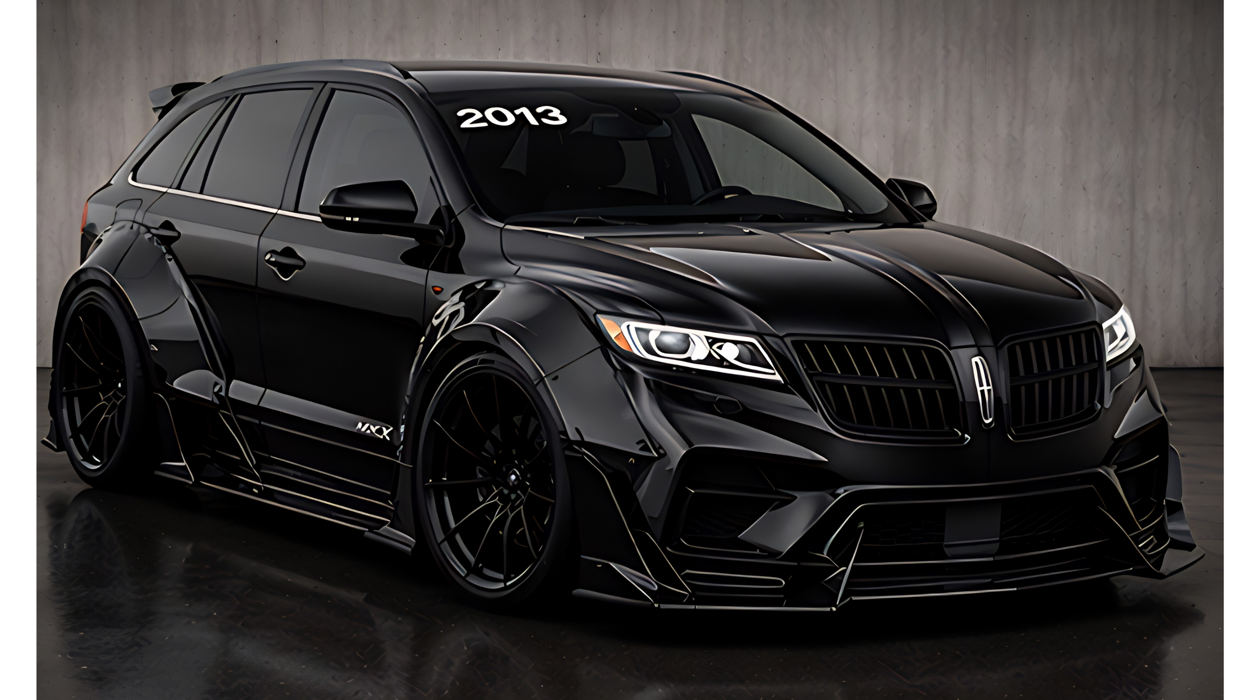 A black sports car with a sleek design and tinted windows, marked with the year 2013 on the windshield, parked indoors against a concrete wall.