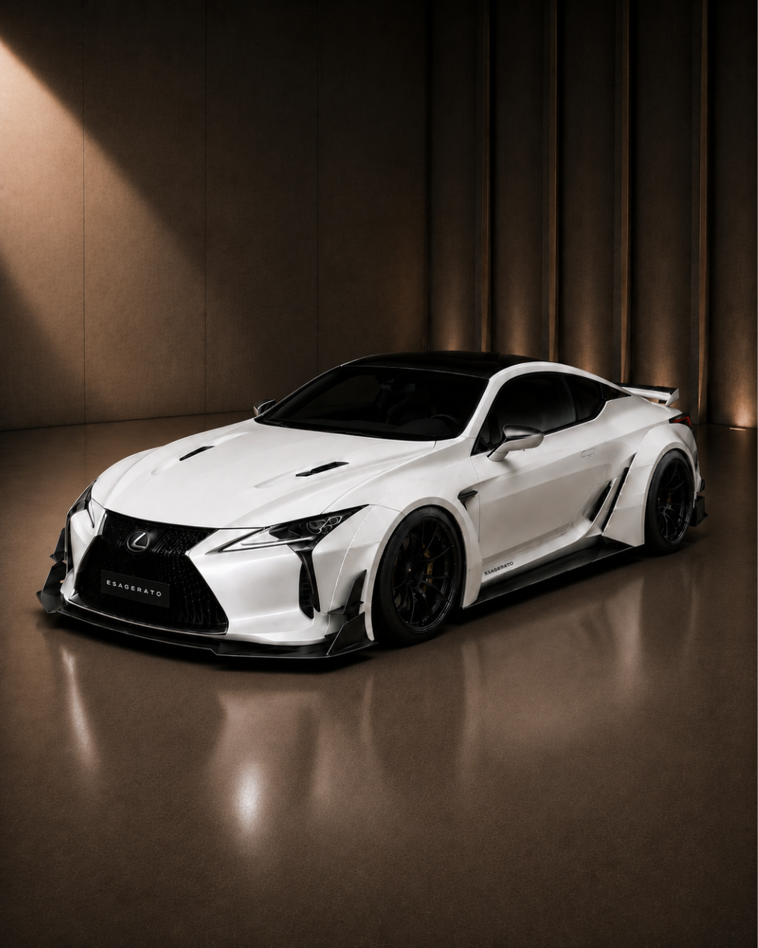 White Esagerato Lexus sports car with black accents in a dimly lit modern showroom with brown textured walls.