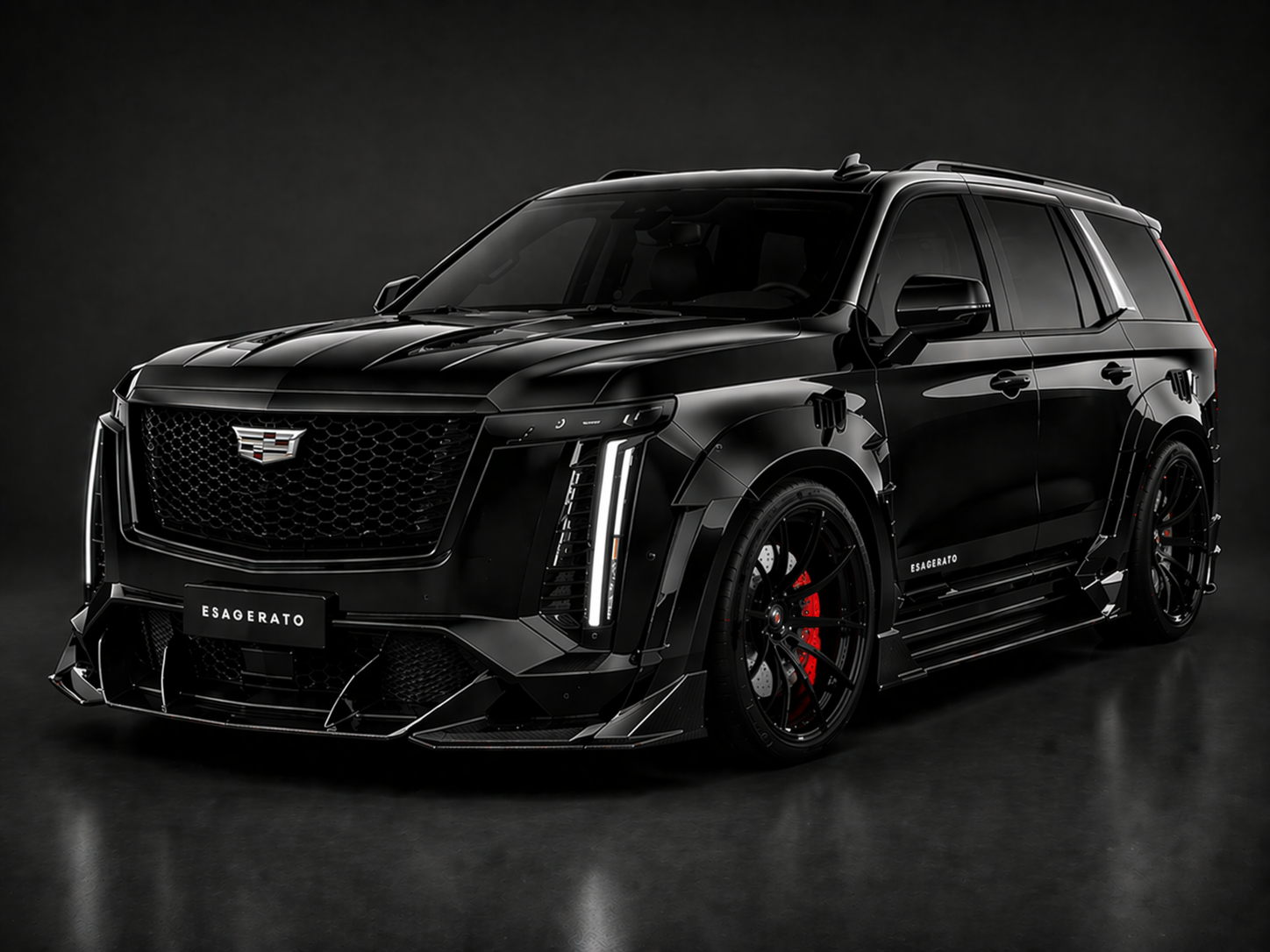 Black luxury SUV with aggressive design, aerodynamic enhancements, black wheels with red brake calipers, and Esagerato branding, set against a dark background.