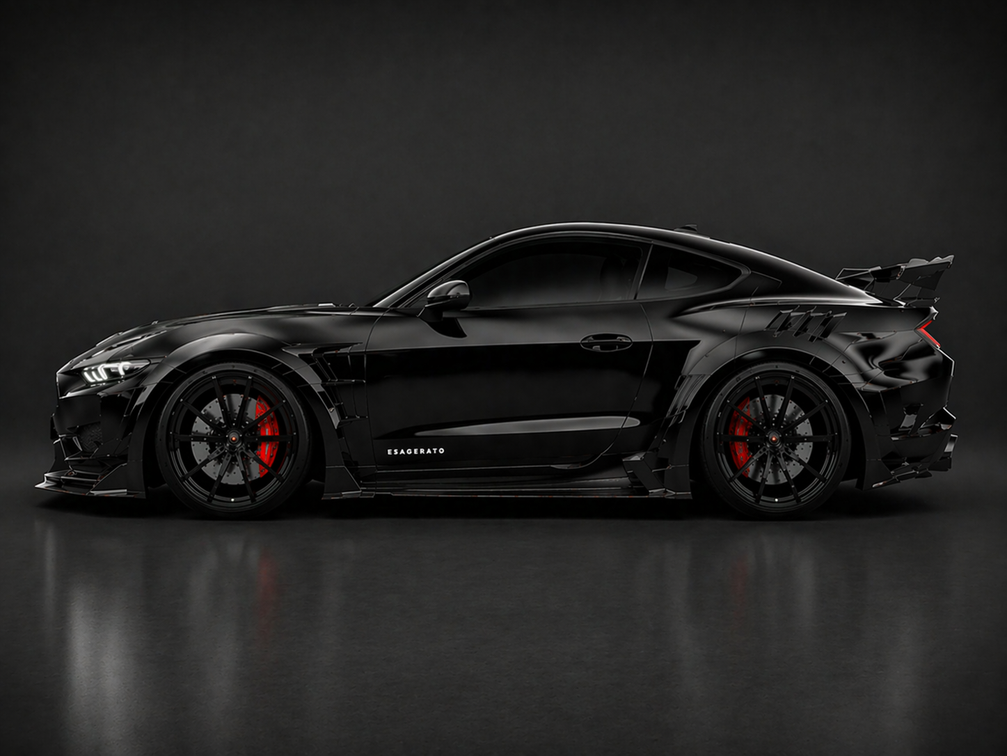 A sleek black sports car with red brake calipers, set against a dark background.