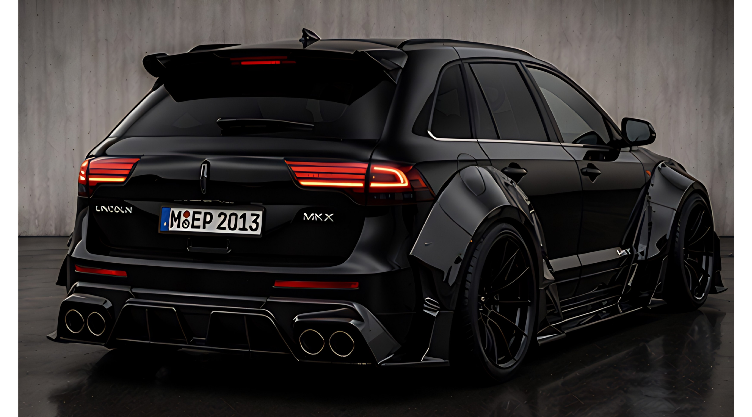 A black luxury sports SUV with a custom body kit, large alloy wheels, and tinted windows, parked indoors against a plain concrete wall.