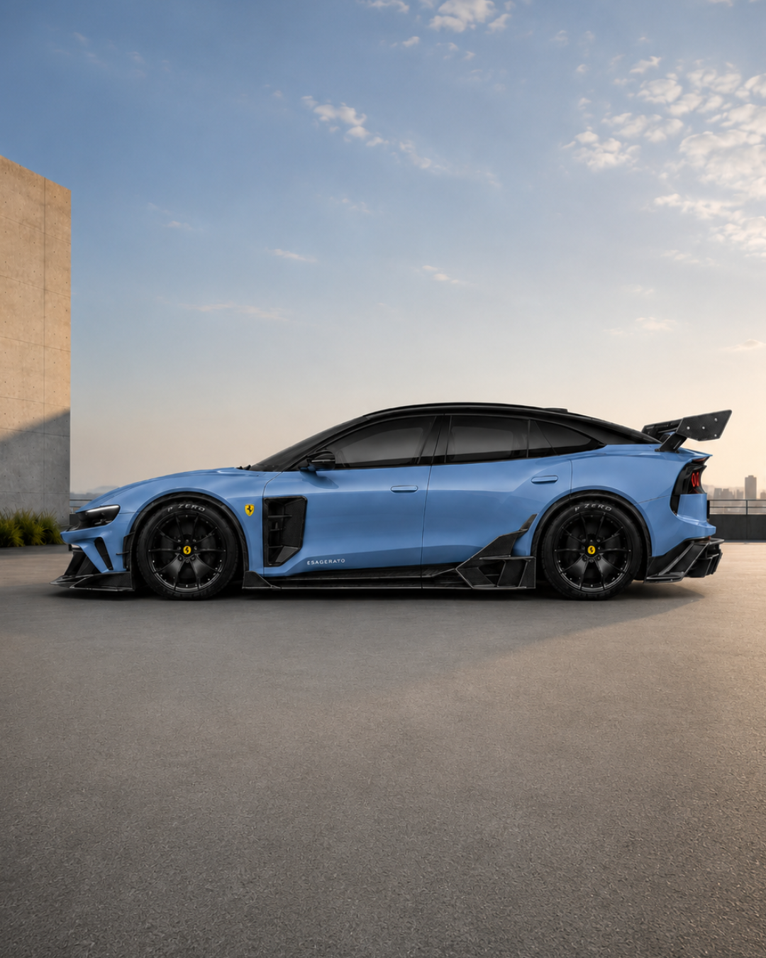 A sleek, blue Esagerato Ferrari Luce with black accents and a large rear spoiler, parked on a rooftop against a clear sky with scattered clouds.