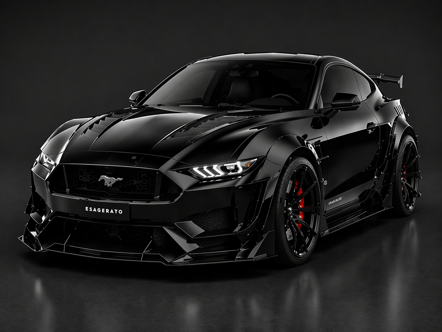 A sleek, black Ford Mustang Esagerato supercar with aggressive aerodynamic features, black wheels with red brake calipers, and a prominent rear wing, set against a dark background.