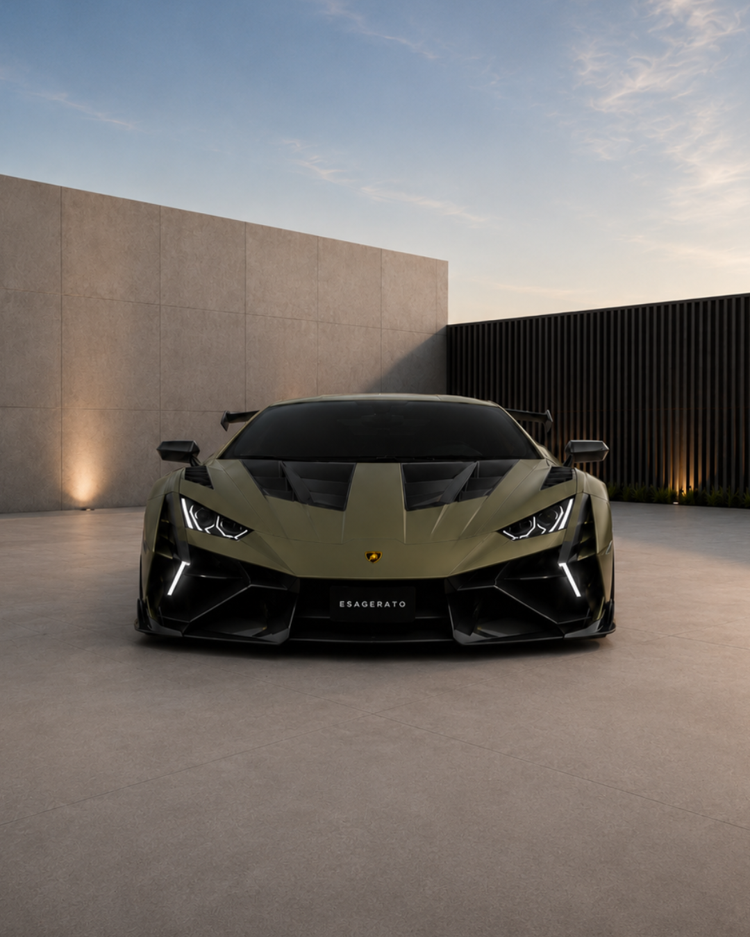 A sleek, matte olive green Esagerato Lamborghini sports car parked outdoors during dusk, with modern concrete and black fence walls, and soft ground lighting.