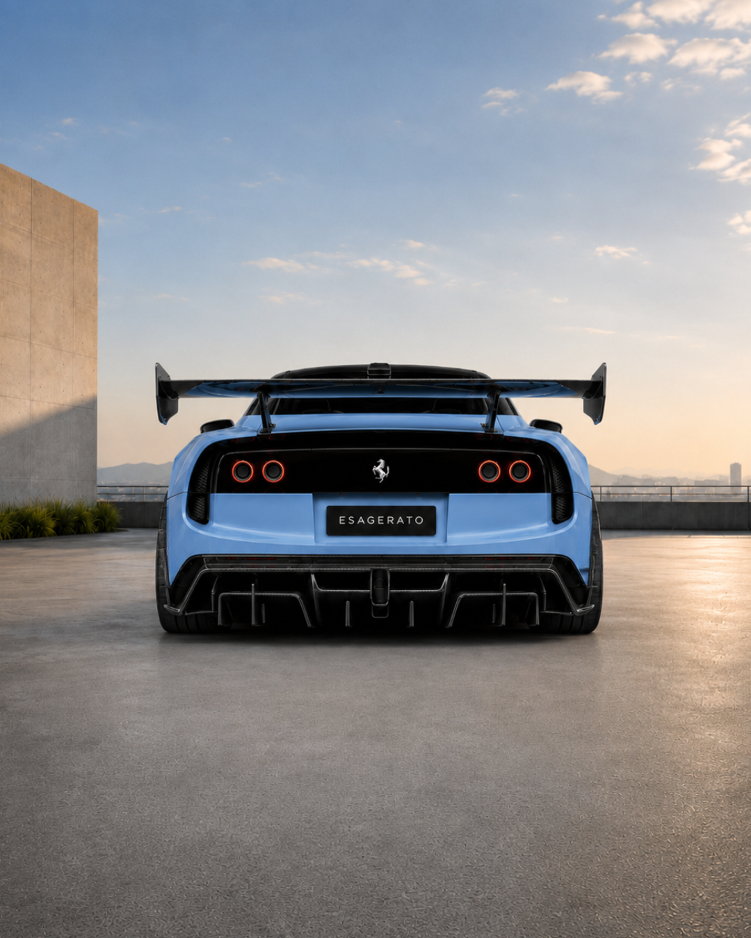 Rear view of a blue Ferrari Luce Esagerato sports car with a large rear wing, parked outdoors during sunset with a city skyline in the background.
