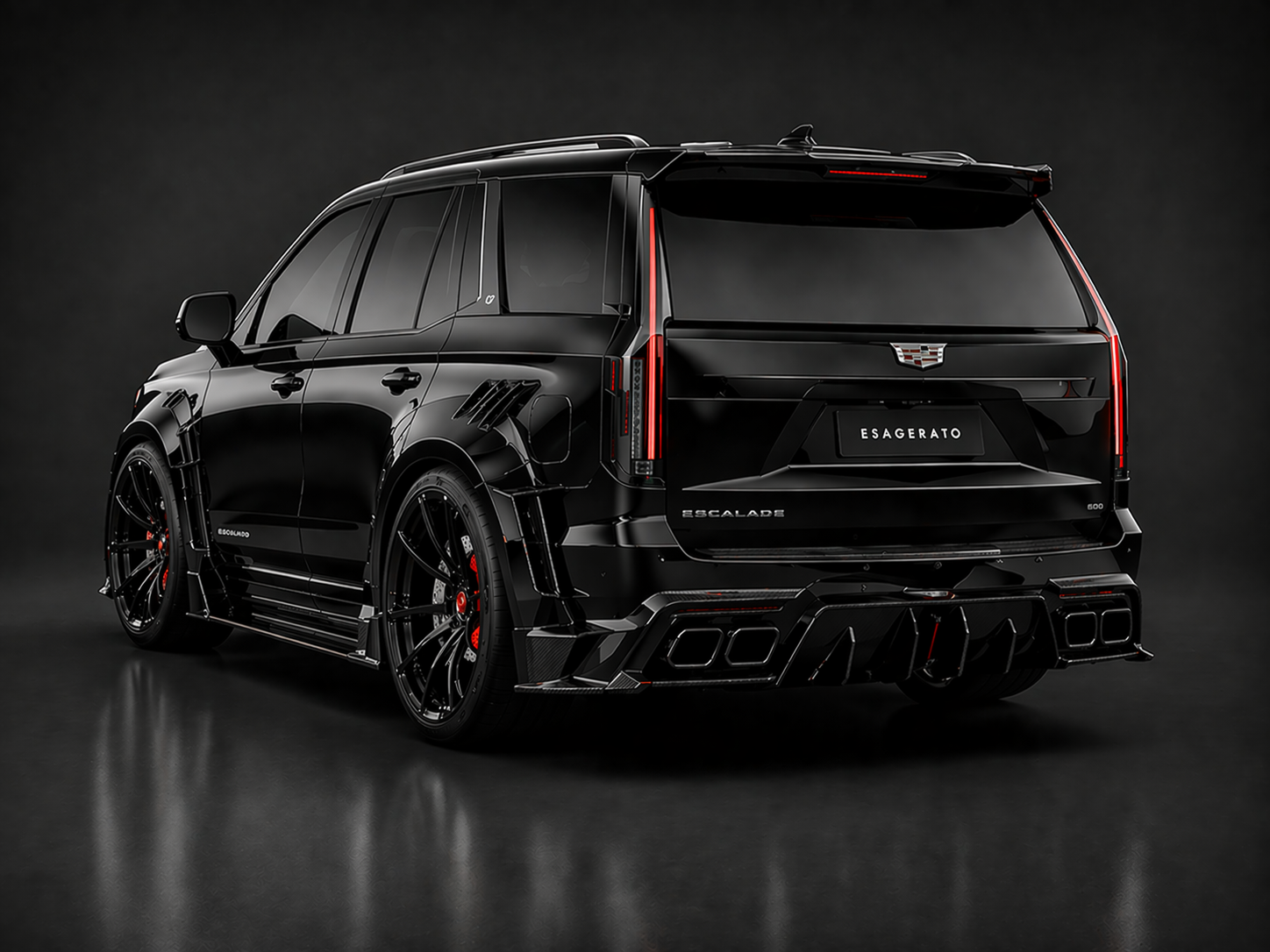 A black luxury SUV with a matte finish, featuring red accents, large black wheels, and an aggressive aerodynamic design, positioned against a dark background.
