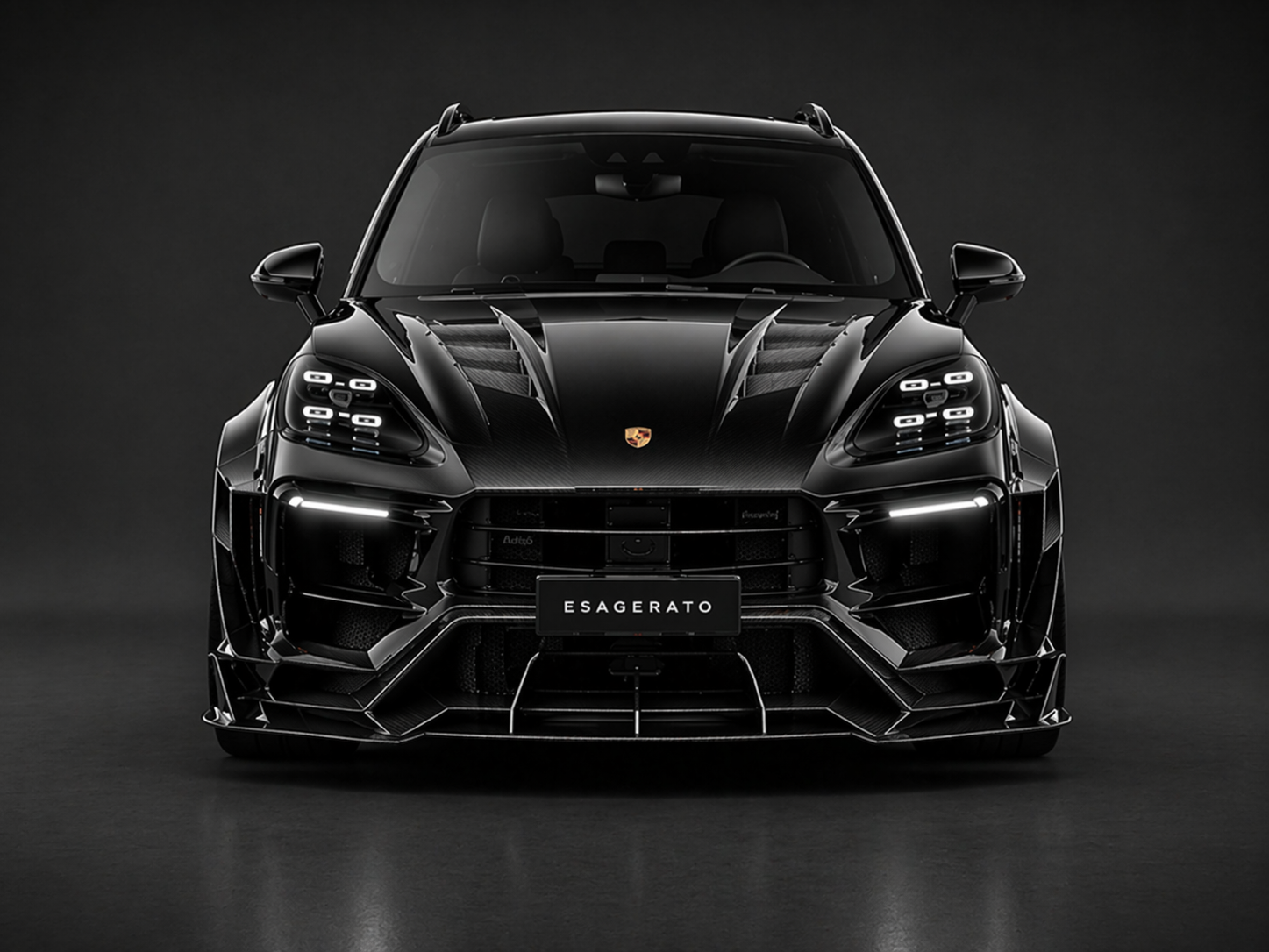 A sleek, black sports car with a modern design, featuring a prominent front grille, aerodynamic lines, and the Esagerato nameplate on the front.
