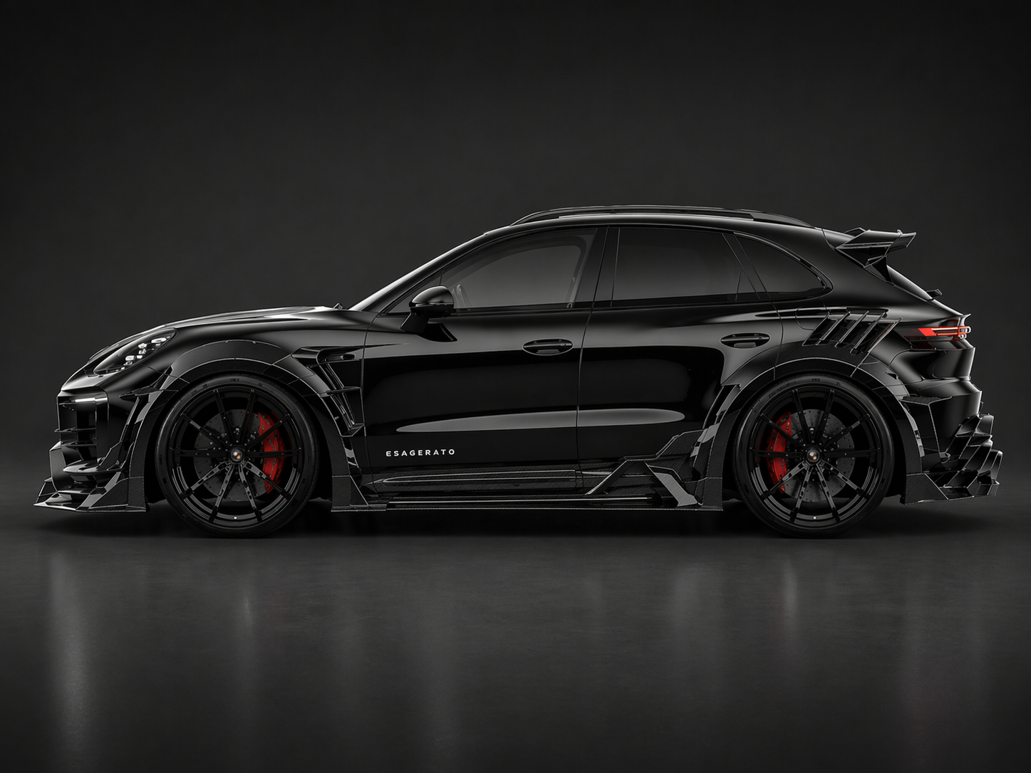 A black luxury sports car with a sleek design, large black wheels with red brake calipers, and aerodynamic features including a rear wing and aggressive front splitter, displayed against a dark background.