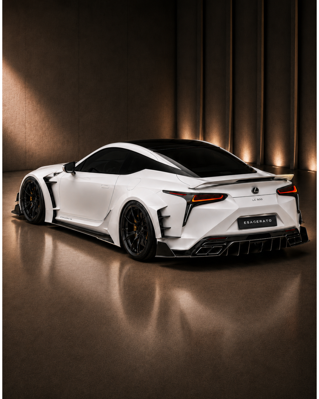 A Lexus Esagerato sports car with aggressive styling, black wheels, and aerodynamic features is parked indoors against a modern brown wall with vertical lighting accents.
