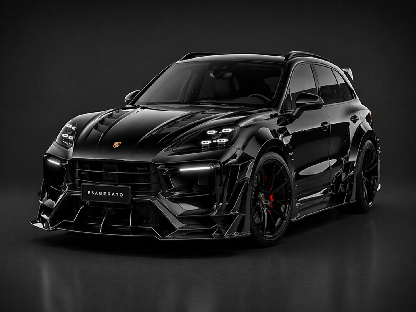 A sleek, black Porsche car with an aggressive design, featuring sharp lines, modern headlights, and a prominent front grille, displayed against a dark background.
