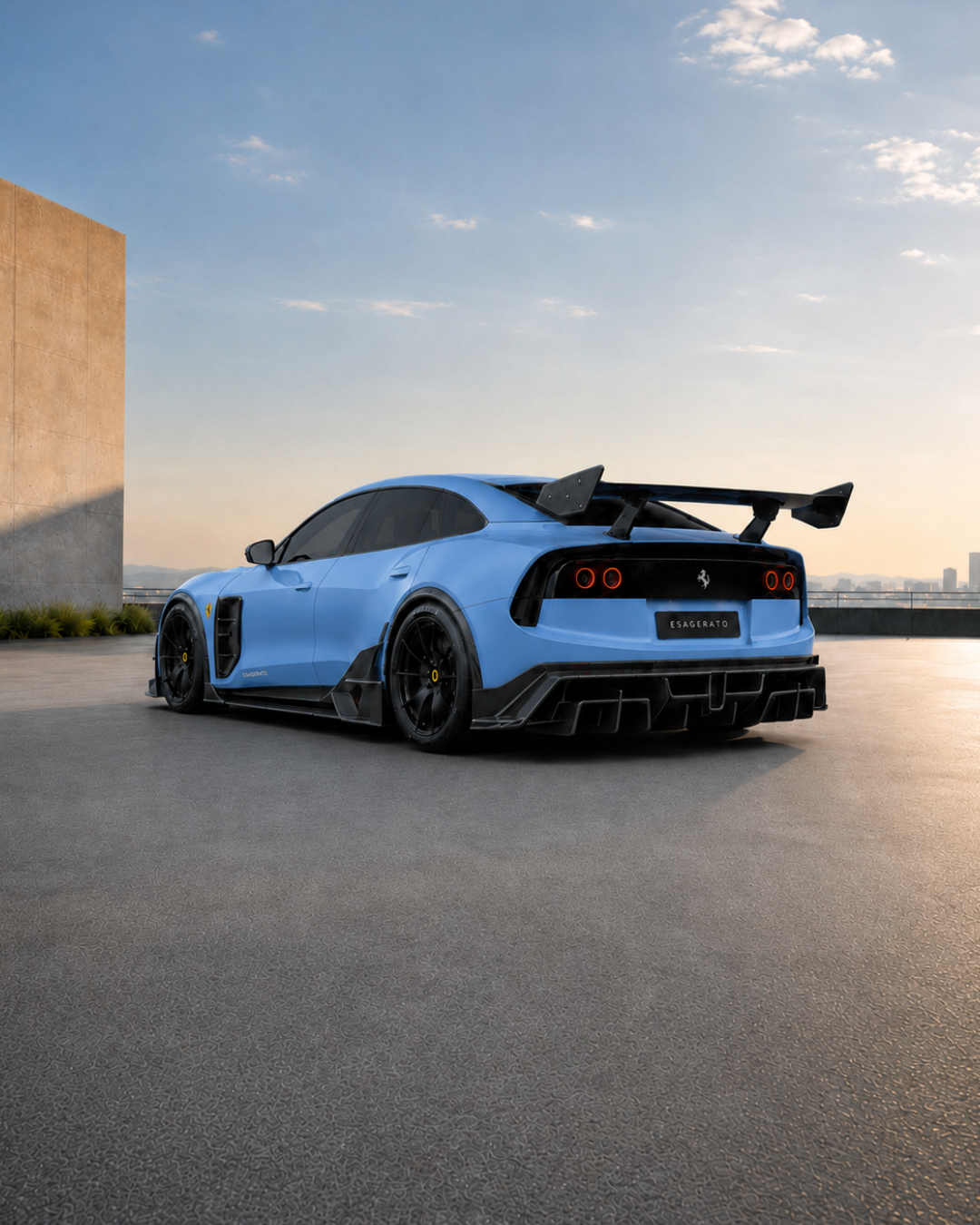 A blue Ferrari Luce Esagerato with black accents and a large rear spoiler parked on an open concrete surface at sunset, with a city skyline in the background.