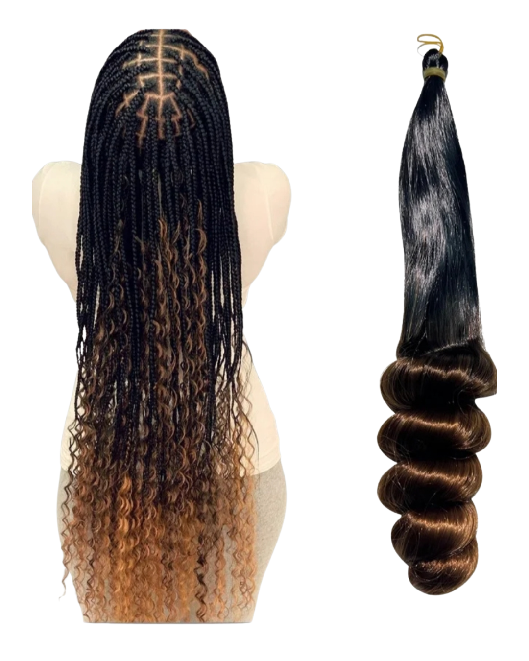 A blonde mannequin with long, brown and black box braids, and a separate bundle of long, dark, wavy hair extensions.