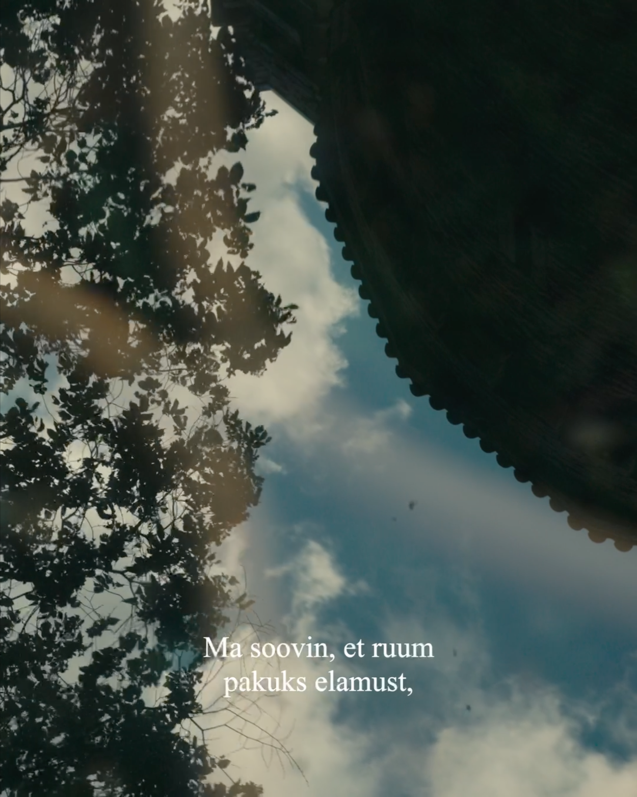 Silhouette of a traditional Asian temple roof with tree branches and leaves in the foreground, sky with clouds in the background, and Estonian text overlaying the image.