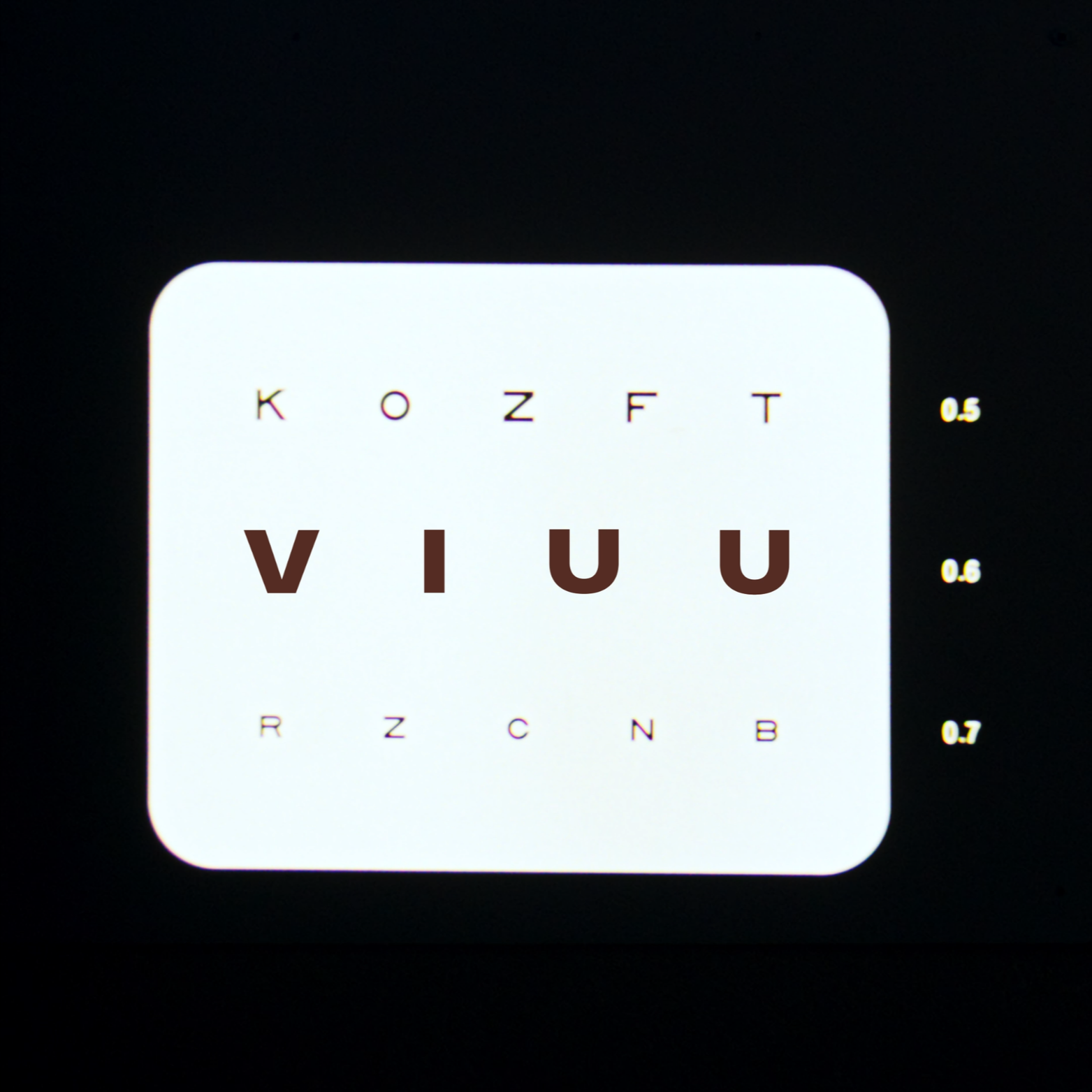 Eye chart with large letters V, I, U, U in the middle.