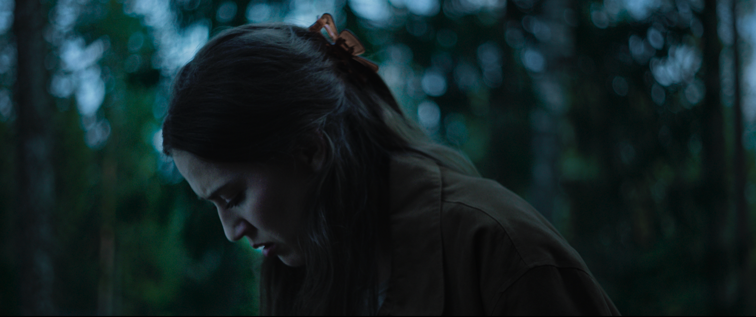A woman with long brown hair, wearing a brown jacket and a hair clip, looking downward with a contemplative expression in an outdoor wooded area with blurred trees and foliage in the background.