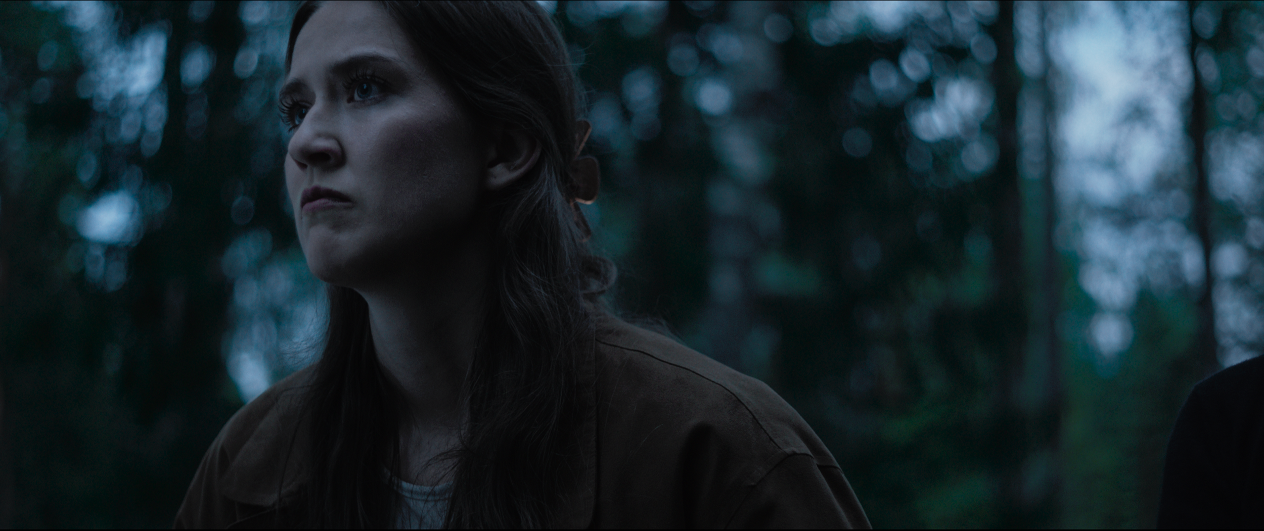 A woman with long dark hair looking to the side in a dark forest during dusk or dawn.