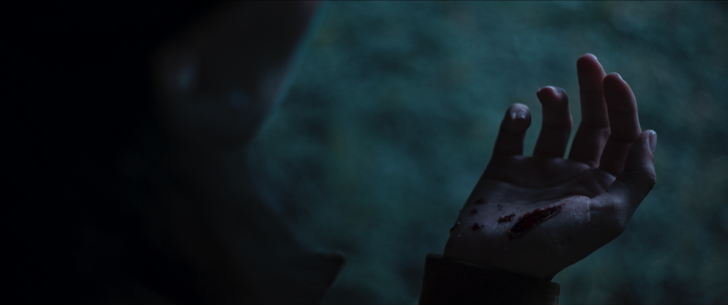 A hand with blood and scratches reaching out on a dark, ominous background.