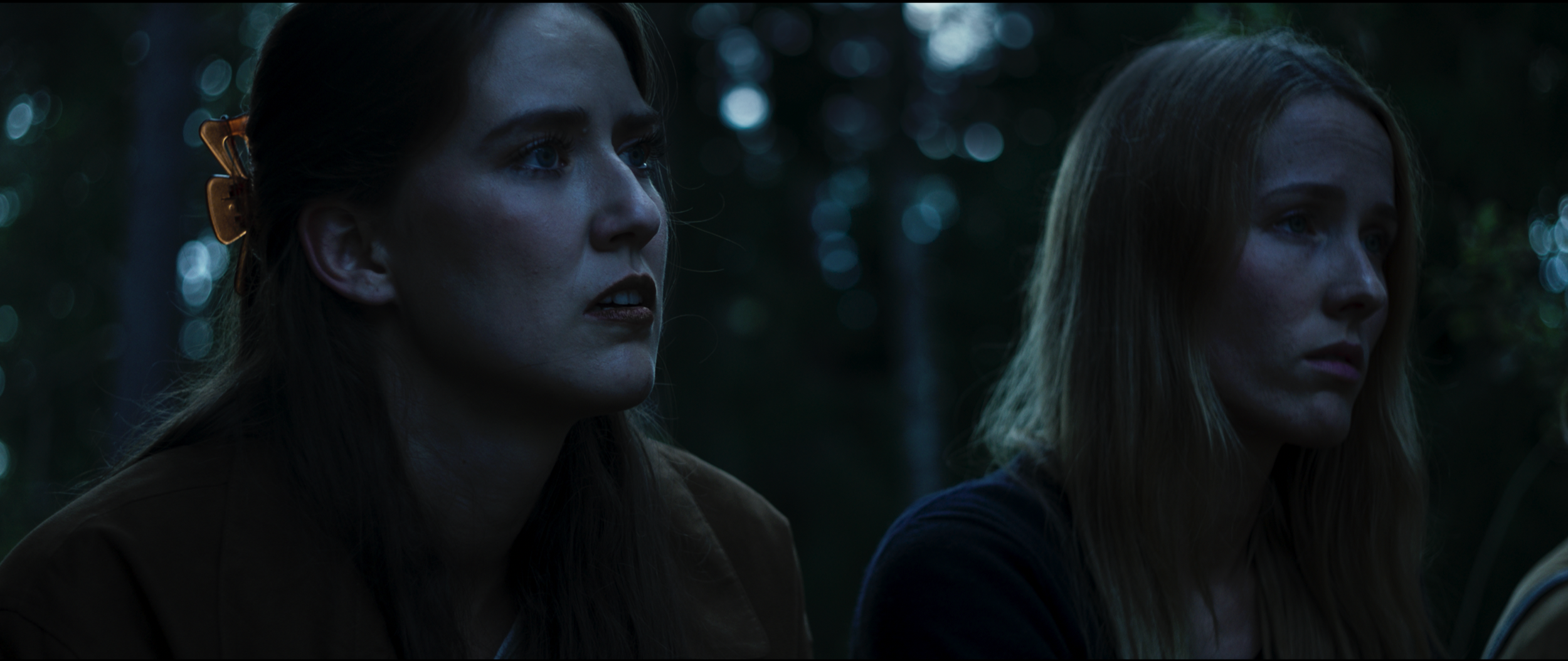 Two young women with long hair sitting outdoors at dusk in a forested area, looking serious and focused.