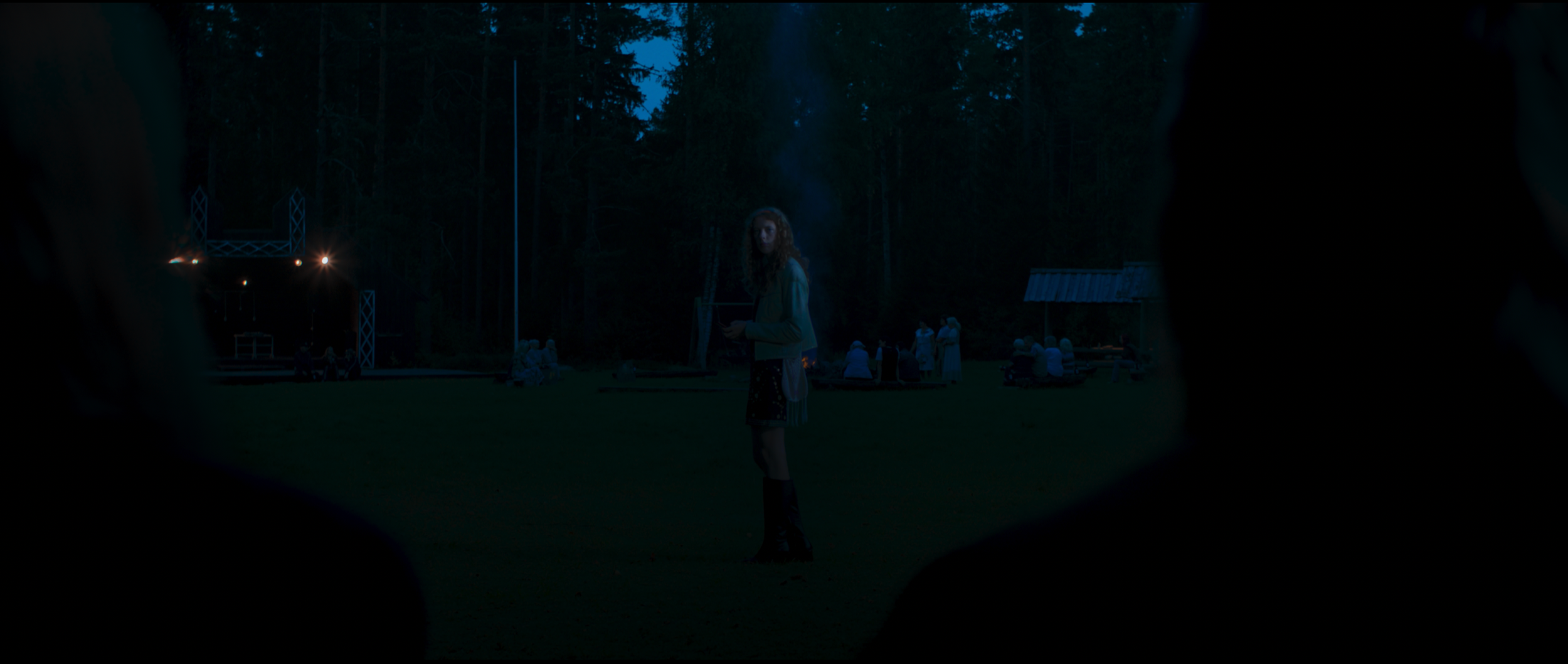 A woman standing on a grassy field during dusk, seen through the blurry edges of a pair of binoculars or glasses, with people sitting and socializing in the background near trees and a small pavilion.