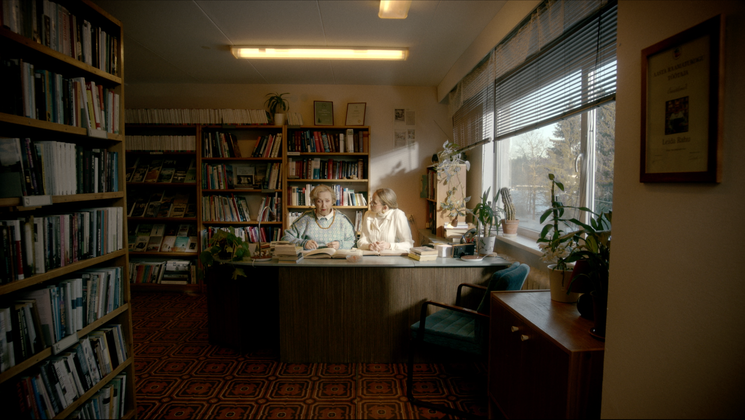 Two women sitting at a desk in a room with bookshelves, large window with blinds, and indoor plants, engaged in conversation.