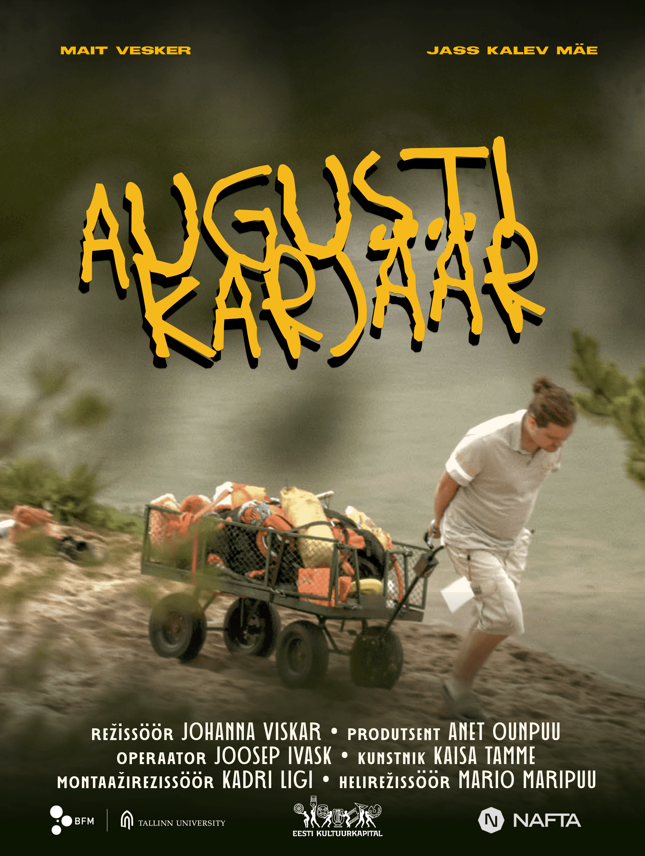 A person pulling a shopping cart filled with orange and black backpacks along a muddy path by a body of water, with trees and cloudy sky in the background. Overlaid text in Estonian lists the names of cast and crew involved in a production, including director Johanna Viskar and producer Anet Ounpuu, with logos of Tallinn University, Eesti Kultuurkapital, NAFTA, and BFM at the bottom.