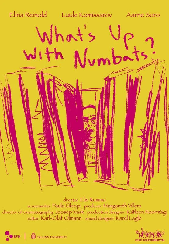 Poster for a film titled "What's Up with Numbats?" featuring a yellow background with magenta hand-drawn illustrations of books and a face peeking through them. The poster includes the names of people involved in the film's production, including Elina Reinold, Luule Komissarov, and Aarne Soro, as well as director Elis Rumm, screenplay Paula Üleoja, and others. Logos of BFM, Tallinn University, and Eesti Kultuurkapital are at the bottom.