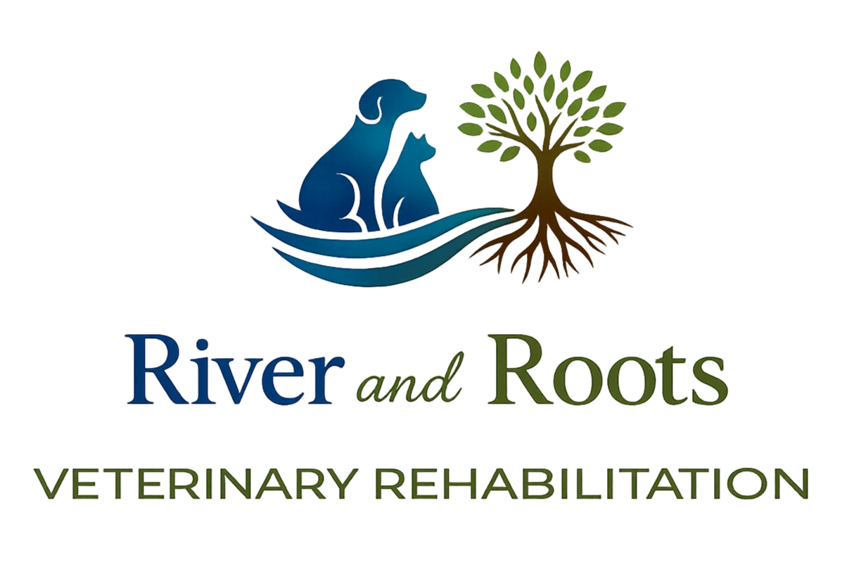 Logo for River and Roots Veterinary Rehabilitation, featuring a blue dog and cat sitting together in front of a green tree.