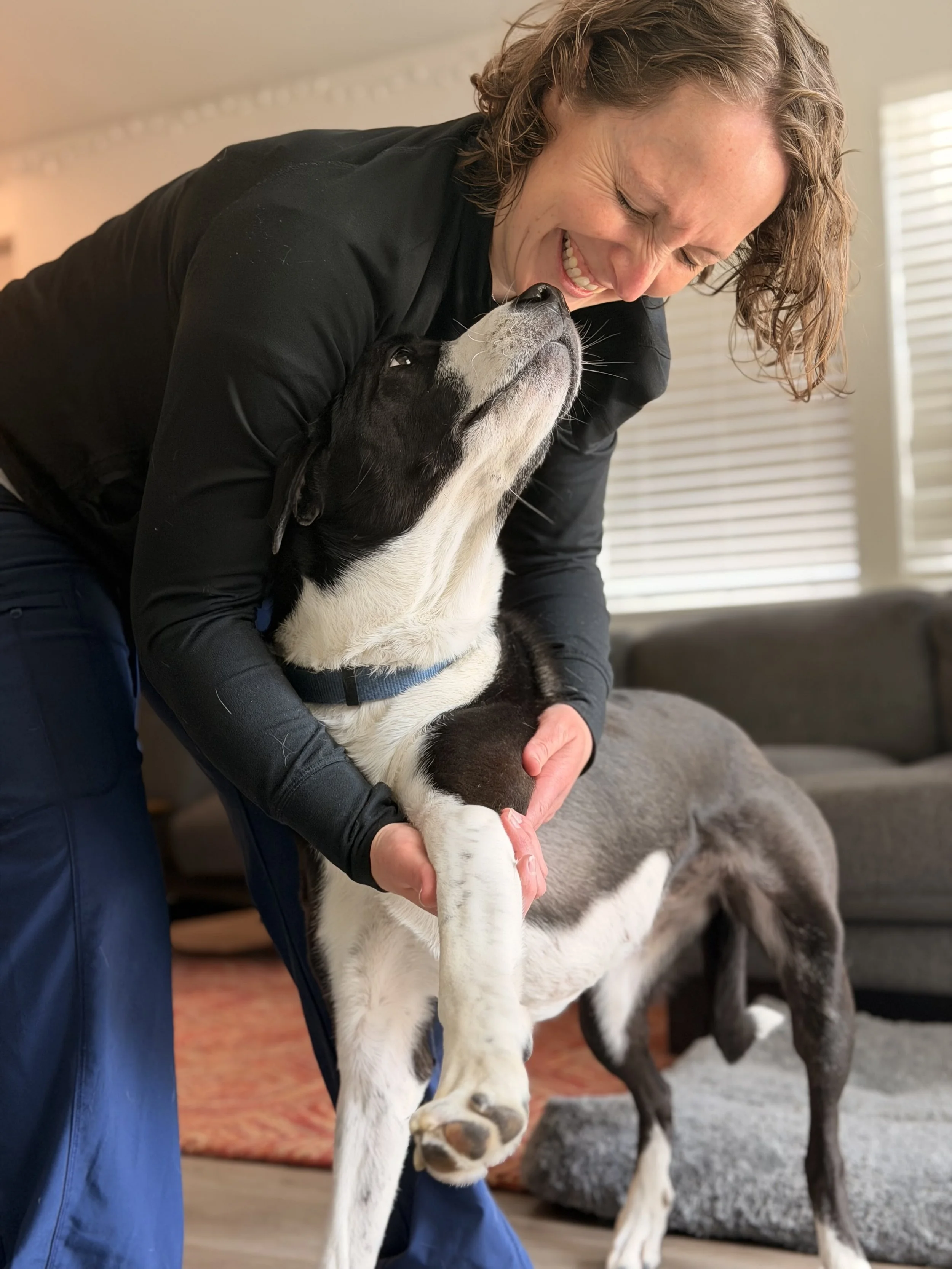 A woman with curly brown hair smiling and leaning over a black and white puppy, holding its front leg.