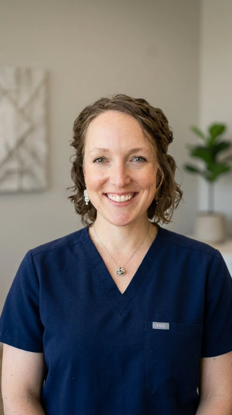 Smiling woman in navy scrubs with short curly hair, wearing white earrings and a pendant necklace, inside a room with a blurred background and a green plant.