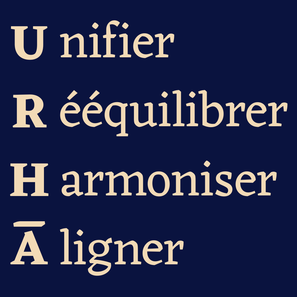 Texte en français sur un fond bleu foncé : "Unifier, Rééquilibrer, Harmoniser, À ligner"